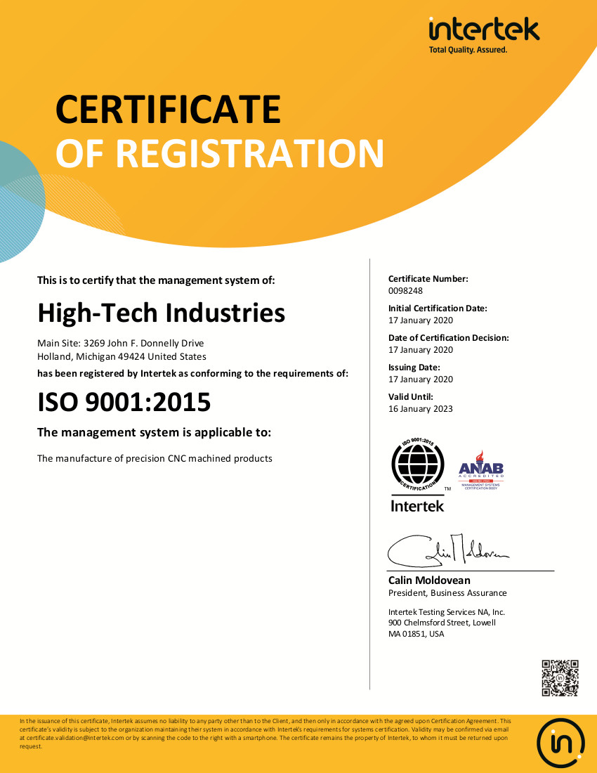 High Tech Industries ISO 9001 2015 Certificate